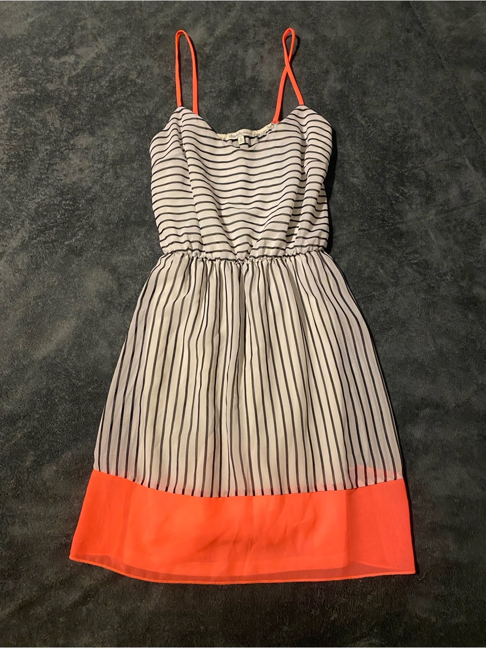 Charlotte Russe White and Neon Orange Striped Spaghetti-Strap Dress